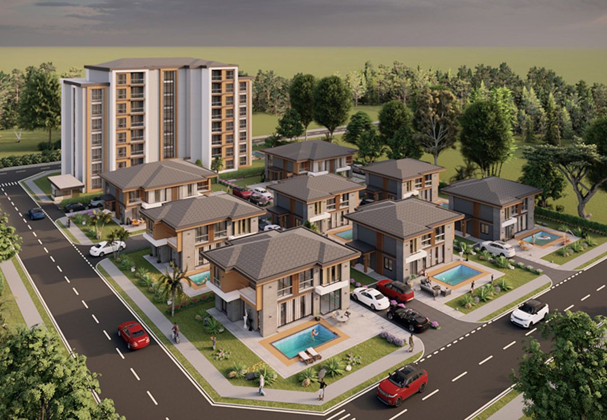 Pearl Of YKY kuş bakışı: apartman bloğu ve villalar
